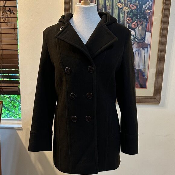 Preston & York Women's Dark Brown Double-Breasted Hooded Wool Coat Size 6 - Picture 4 of 12